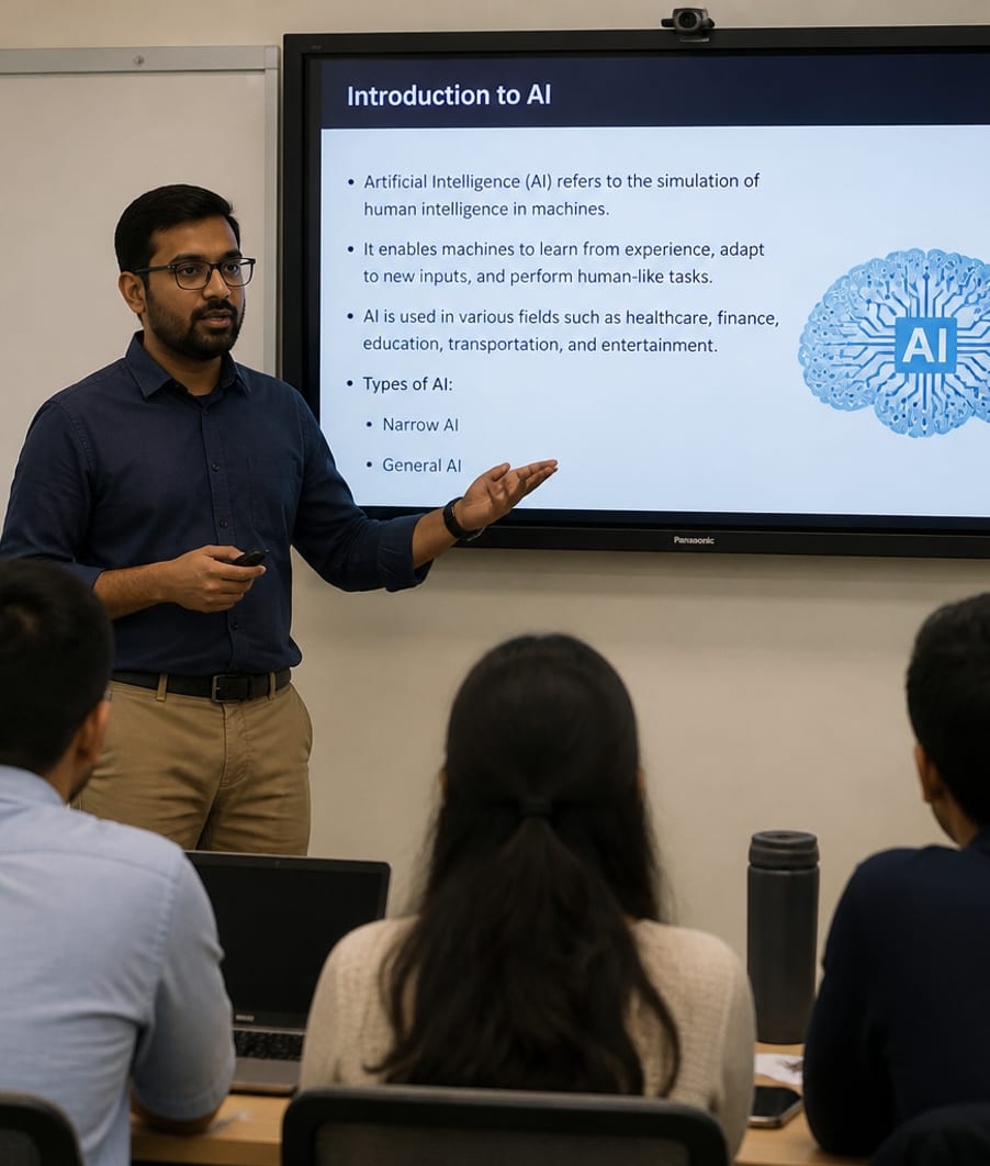 An instructor presenting an Introduction to AI lesson to a class