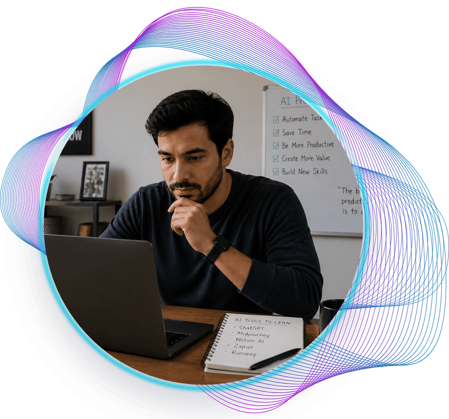 A learner studying AI productivity tools at a laptop