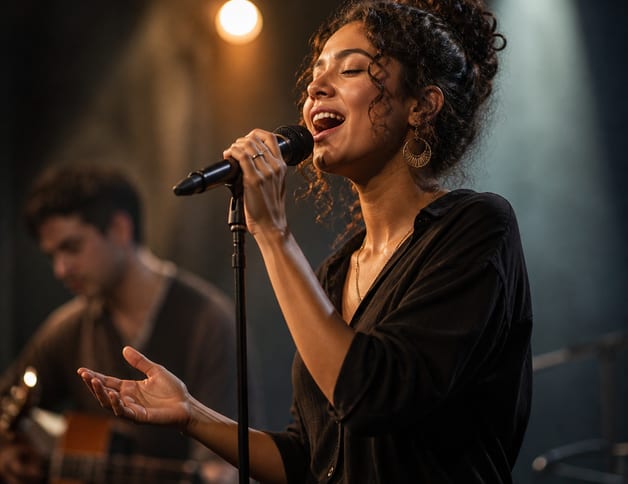 A performer singing on stage during a music event