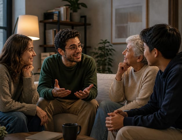 Community members sharing stories together in a warm setting