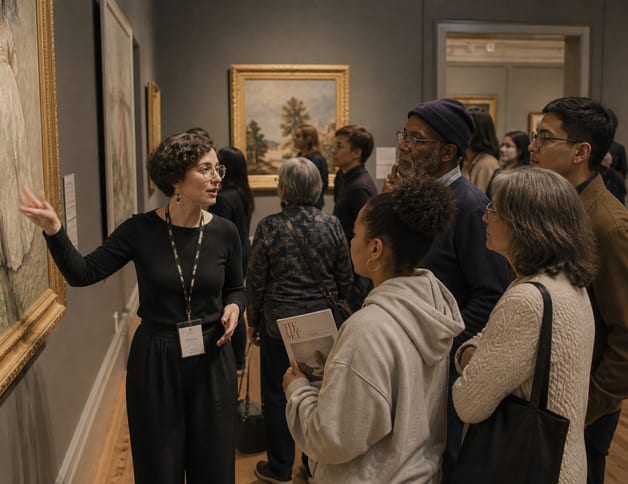 People gathered at a community art exhibition