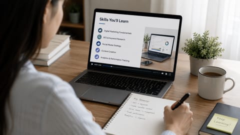 A learner taking an online course on a laptop