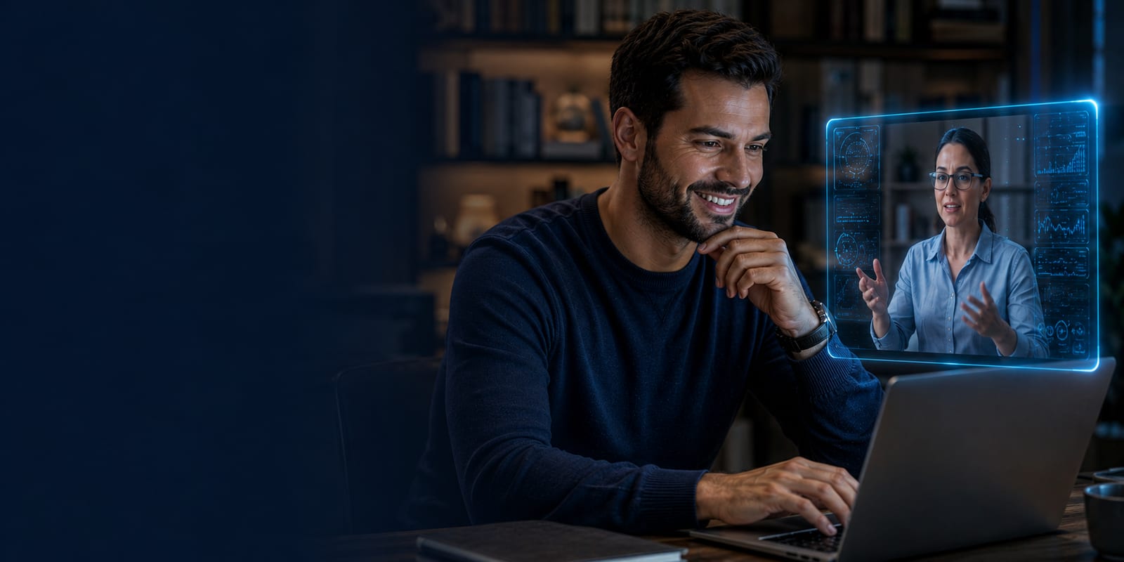 A learner smiling while working on a laptop with an AI-assisted video call