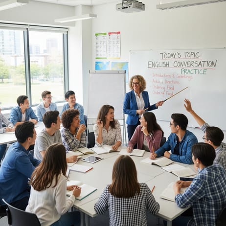 A community English class meeting in a shared space