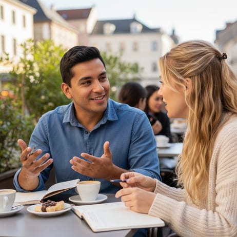 Two people having a friendly conversation in English outdoors