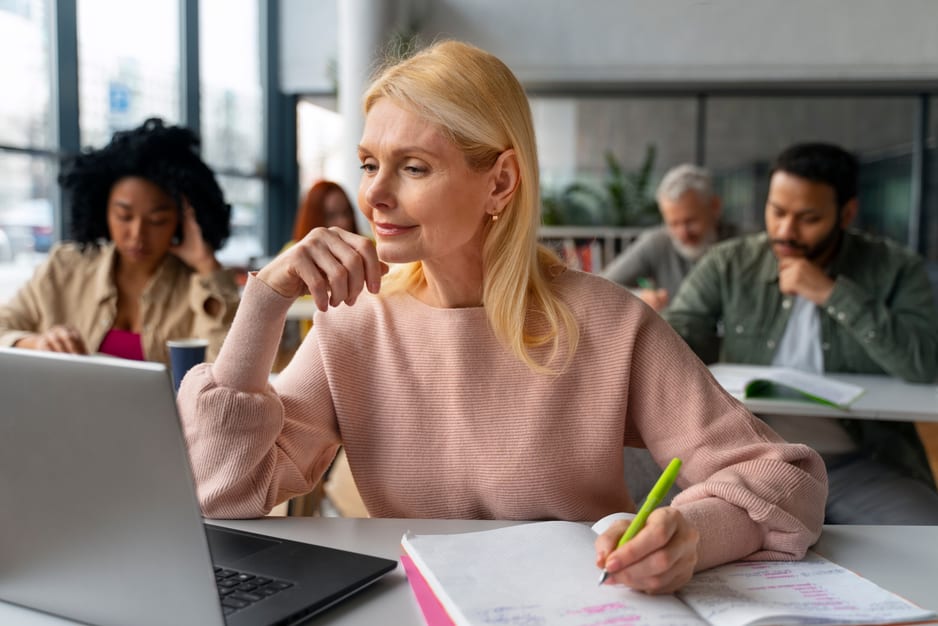 Adult learners taking notes during a digital skills class