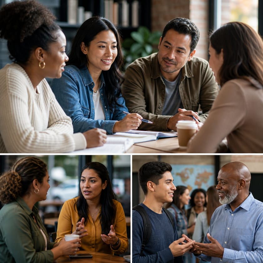 Community members in conversation during language learning sessions