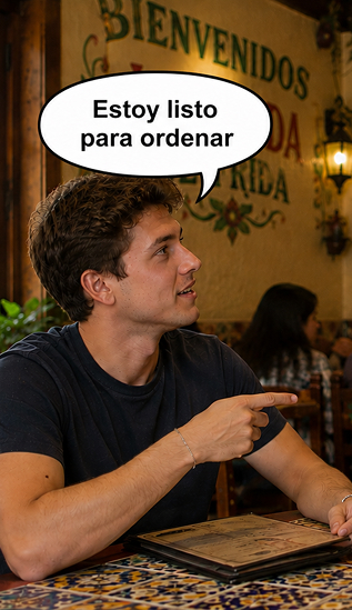 A person speaking Spanish confidently in a café